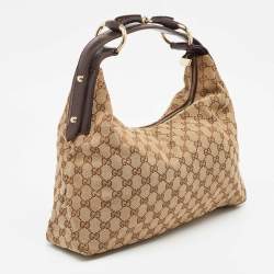 Pre Owned Gucci Beige/Brown GG Canvas and Leather Horsebit Handle Hobo