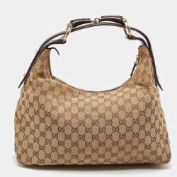 Pre Owned Gucci Beige/Brown GG Canvas and Leather Horsebit Handle Hobo