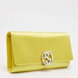 Pre Owned Gucci Yellow Satin GG Crystals Broadway Clutch