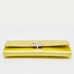 Pre Owned Gucci Yellow Satin GG Crystals Broadway Clutch