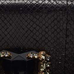 Pre Owned Gucci Black Snakeskin Crystals Embellished Flap Clutch