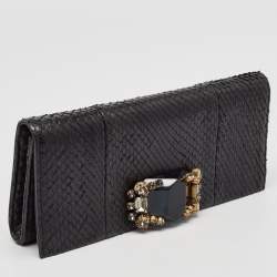 Pre Owned Gucci Black Snakeskin Crystals Embellished Flap Clutch