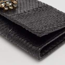 Pre Owned Gucci Black Snakeskin Crystals Embellished Flap Clutch