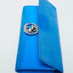 Pre Owned Gucci Blue Satin Crystal Embellished Interlocking G Broadway Clutch