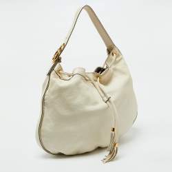 Pre Owned Gucci Cream Leather Interlocking Icon Tassel Hobo