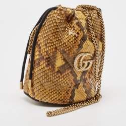 Pre Owned Gucci Yellow/Brown Python Mini GG Torchon Marmont Bucket Bag