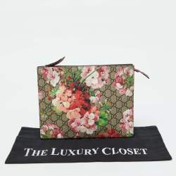 Gucci Beige/Pink GG Supreme Canvas Blooms Print Pouch Clutch