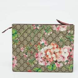 Gucci Beige/Pink GG Supreme Canvas Blooms Print Pouch Clutch