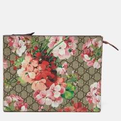 Gucci Beige/Pink GG Supreme Canvas Blooms Print Pouch Clutch