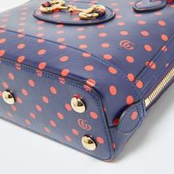 Pre Owned Gucci Navy Blue/Red Polka Dot Leather Horsebit 1955 Bag