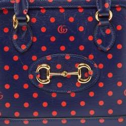 Pre Owned Gucci Navy Blue/Red Polka Dot Leather Horsebit 1955 Bag