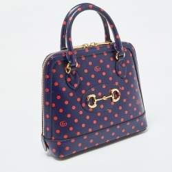 Pre Owned Gucci Navy Blue/Red Polka Dot Leather Horsebit 1955 Bag
