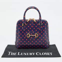 Pre Owned Gucci Navy Blue/Red Polka Dot Leather Horsebit 1955 Bag
