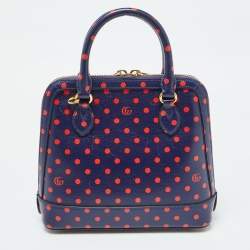 Pre Owned Gucci Navy Blue/Red Polka Dot Leather Horsebit 1955 Bag