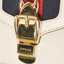 Pre Owned Gucci Off White Leather Mini Web Chain Sylvie Crossbody Bag