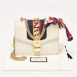 Pre Owned Gucci Off White Leather Mini Web Chain Sylvie Crossbody Bag