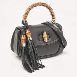 Pre Owned Gucci Black Leather Small New Bamboo Top Handle Bag