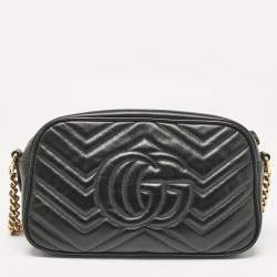 Pre Owned Gucci Black Matelassé Leather Small GG Marmont Shoulder Bag