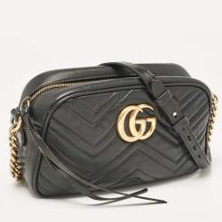 Pre Owned Gucci Black Matelassé Leather Small GG Marmont Shoulder Bag