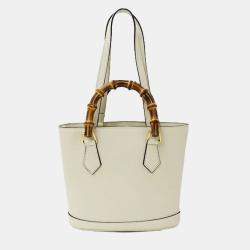 Gucci White Leather Bamboo Tote Bag
