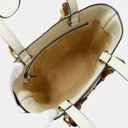 Gucci White Leather Bamboo Tote Bag