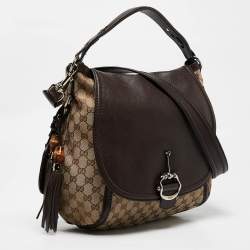 Pre Owned Gucci Beige/Ebony GG Canvas and Leather Techno Horsebit Flap Bag
