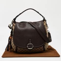 Pre Owned Gucci Beige/Ebony GG Canvas and Leather Techno Horsebit Flap Bag