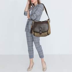 Pre Owned Gucci Beige/Ebony GG Canvas and Leather Techno Horsebit Flap Bag