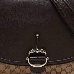 Pre Owned Gucci Beige/Ebony GG Canvas and Leather Techno Horsebit Flap Bag