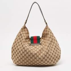Pre Owned Gucci Beige/Brown GG Canvas and Leather New Ladies Web Hobo