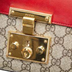 Gucci Red Beige Pvc Leather Gg Supreme Padlock Chain Shoulder Bag