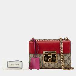 Gucci Red Beige Pvc Leather Gg Supreme Padlock Chain Shoulder Bag