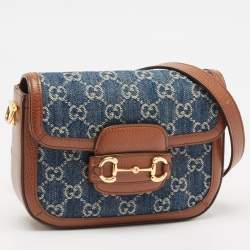 Gucci Blue/Brown GG Denim and Leather Horsebit 1955 Shoulder Bag