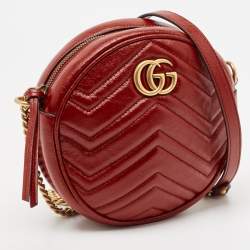 Pre Owned Gucci Red Matelassé Leather GG Marmont Round Crossbody Bag
