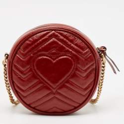 Pre Owned Gucci Red Matelassé Leather GG Marmont Round Crossbody Bag