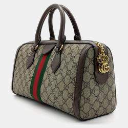 Pre Owned Gucci Beige Brown Leather and PVC Ophidia medium top handle bag