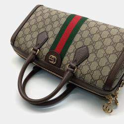 Pre Owned Gucci Beige Brown Leather and PVC Ophidia medium top handle bag