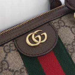Pre Owned Gucci Beige Brown Leather and PVC Ophidia medium top handle bag