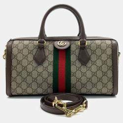 Pre Owned Gucci Beige Brown Leather and PVC Ophidia medium top handle bag