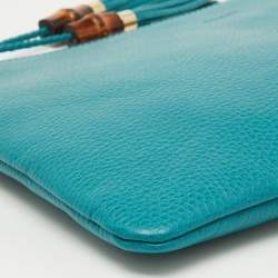Pre Owned Gucci Teal Blue Leather Bamboo Braided Tassel Zip Clutch