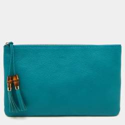 Pre Owned Gucci Teal Blue Leather Bamboo Braided Tassel Zip Clutch