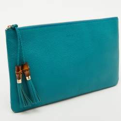 Pre Owned Gucci Teal Blue Leather Bamboo Braided Tassel Zip Clutch