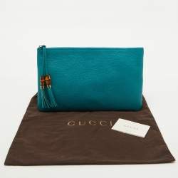 Pre Owned Gucci Teal Blue Leather Bamboo Braided Tassel Zip Clutch