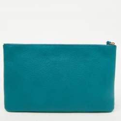 Pre Owned Gucci Teal Blue Leather Bamboo Braided Tassel Zip Clutch