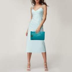 Pre Owned Gucci Teal Blue Leather Bamboo Braided Tassel Zip Clutch