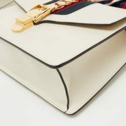 Pre Owned Gucci White Leather Small Web Chain Sylvie Flap Shoulder Bag