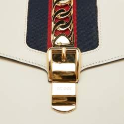 Pre Owned Gucci White Leather Small Web Chain Sylvie Flap Shoulder Bag