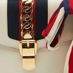 Pre Owned Gucci White Leather Small Web Chain Sylvie Flap Shoulder Bag