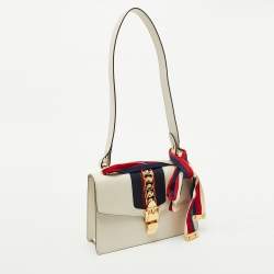 Pre Owned Gucci White Leather Small Web Chain Sylvie Flap Shoulder Bag