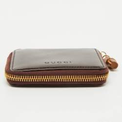 Gucci Dark Brown Leather Compact Bamboo Zip Around Wallet